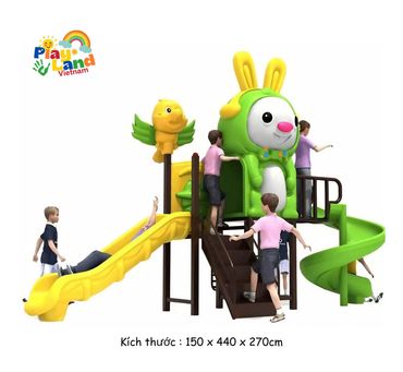 Colorful playground with slides and children playing.