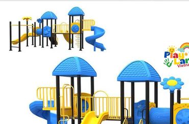 Colorful playground with slides and climbing features in blue and yellow.