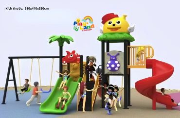 Colorful playground with slides, swings, and children playing happily.