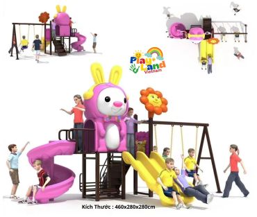 Colorful playground with slides, swings, and children playing happily.