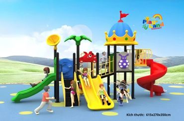 Colorful playground with children playing on slides and climbing structures under a clear blue sky.