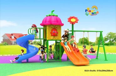 Colorful playground with slides and swings full of animated children playing.
