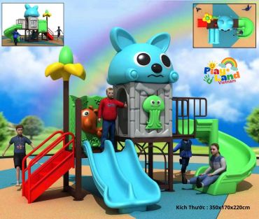 Colorful playground with animal-themed slides and children playing.