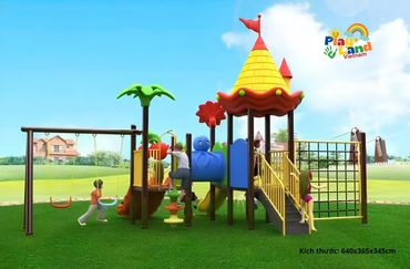 Children playing energetically in a colorful playground under a clear blue sky.