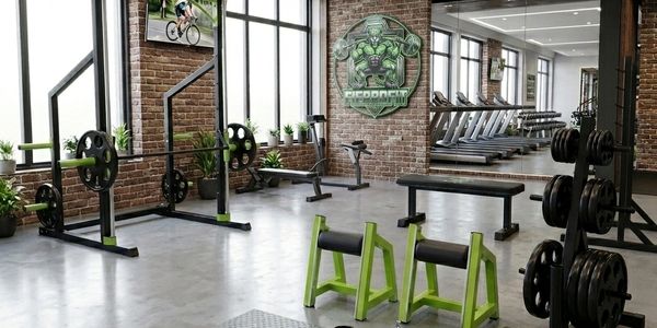 Modern gym with weights, benches, and cardio equipment in a bright, spacious room.