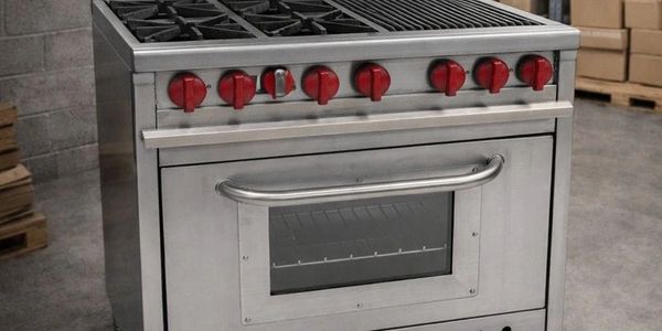 Stainless steel commercial stove with red knobs and oven door window.