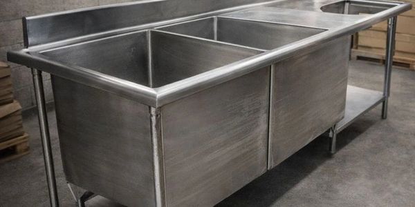 Large stainless steel double sink with drainboard and lower shelf.