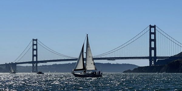 Sailboat crossing in front of the Golden Gate Bridge 