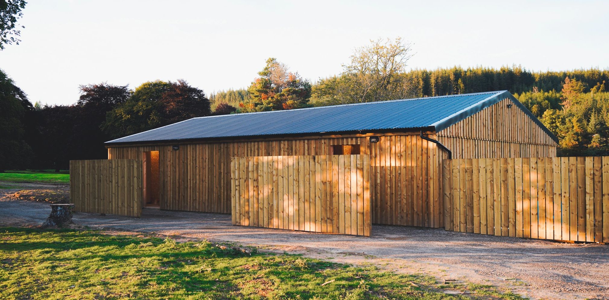 Wooden structure surrounded by trees with dappled sunlight.