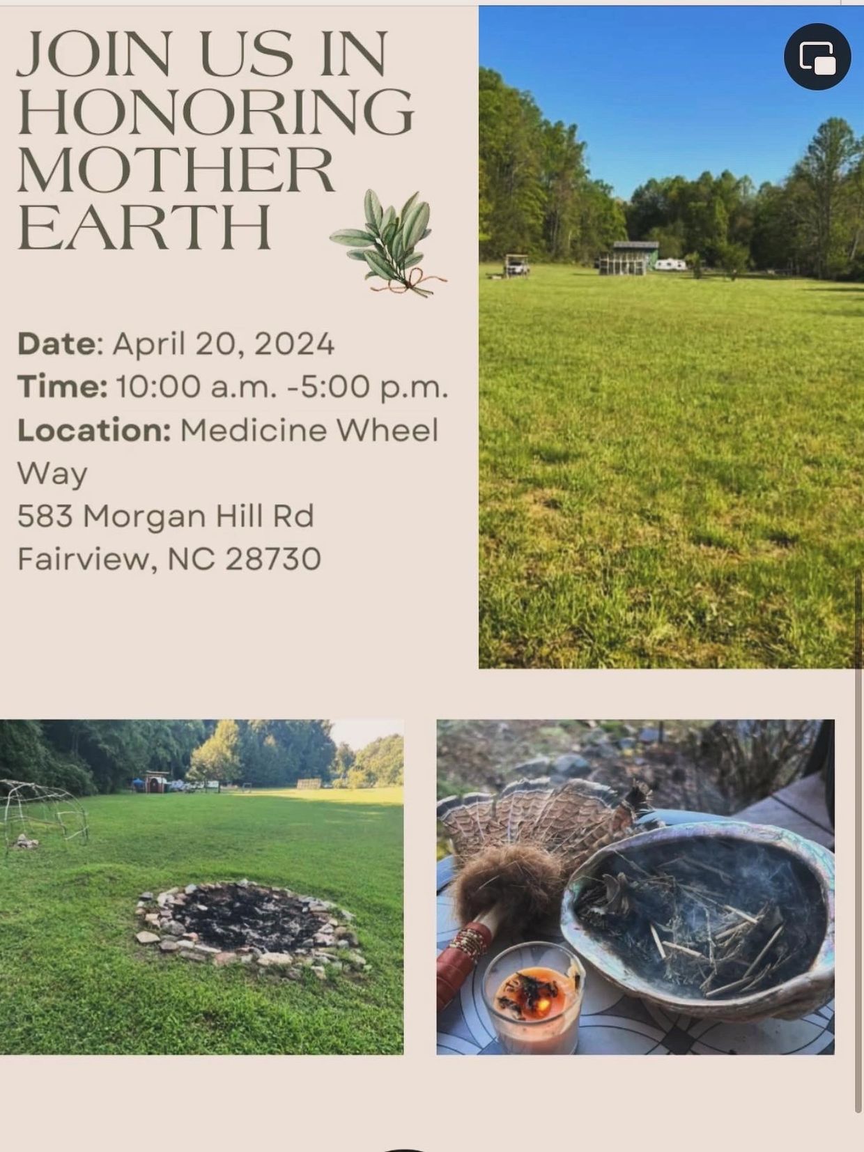 🌿 Join Us in Honoring Mother Earth🌍
 
Date:  April 20, 2023
Time-10:00 a.m. -5:00 p.m.
Location: M