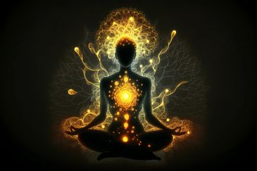 Silhouette meditating with glowing energy patterns and light aura.