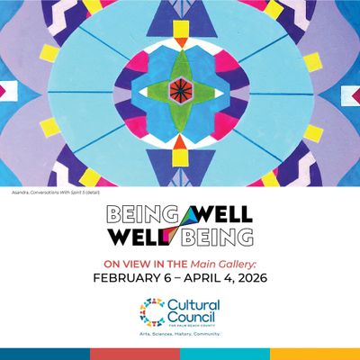 Colorful geometric abstract art promoting Being Well exhibition from Feb 6 to Apr 4, 2026.