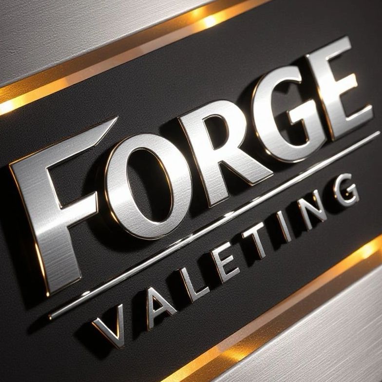 3D metallic sign reading 'FORGE VALETING' with gold highlights on black background.