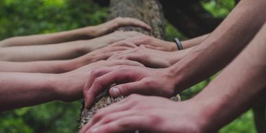 Human hands on a fallen trunk in the forest. diverse skin colors. a ring. blue nail