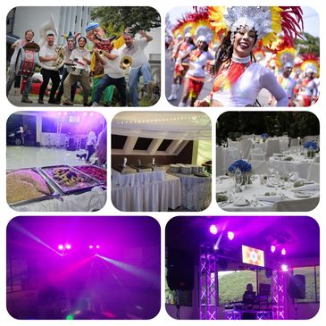 Collage of a lively outdoor event with music, dancing, food, elegant dining, and vibrant lighting.