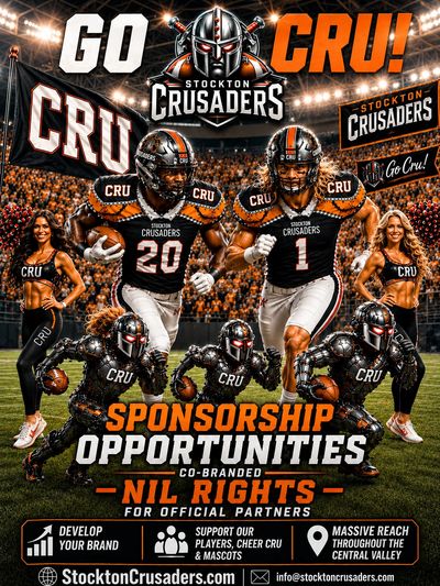Stockton Crusaders football team promoting sponsorship opportunities without NIL rights.