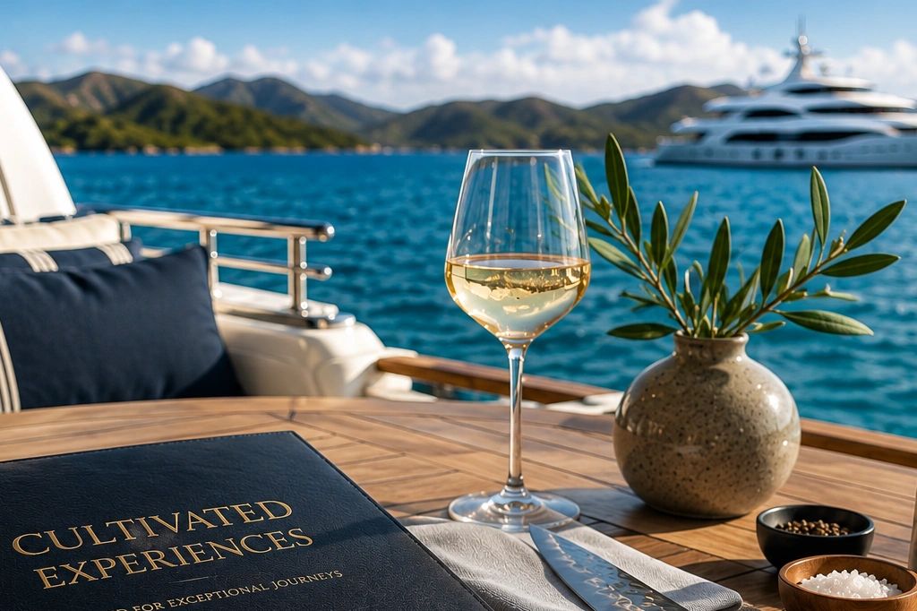Wine glass on a yacht table with a scenic sea view.