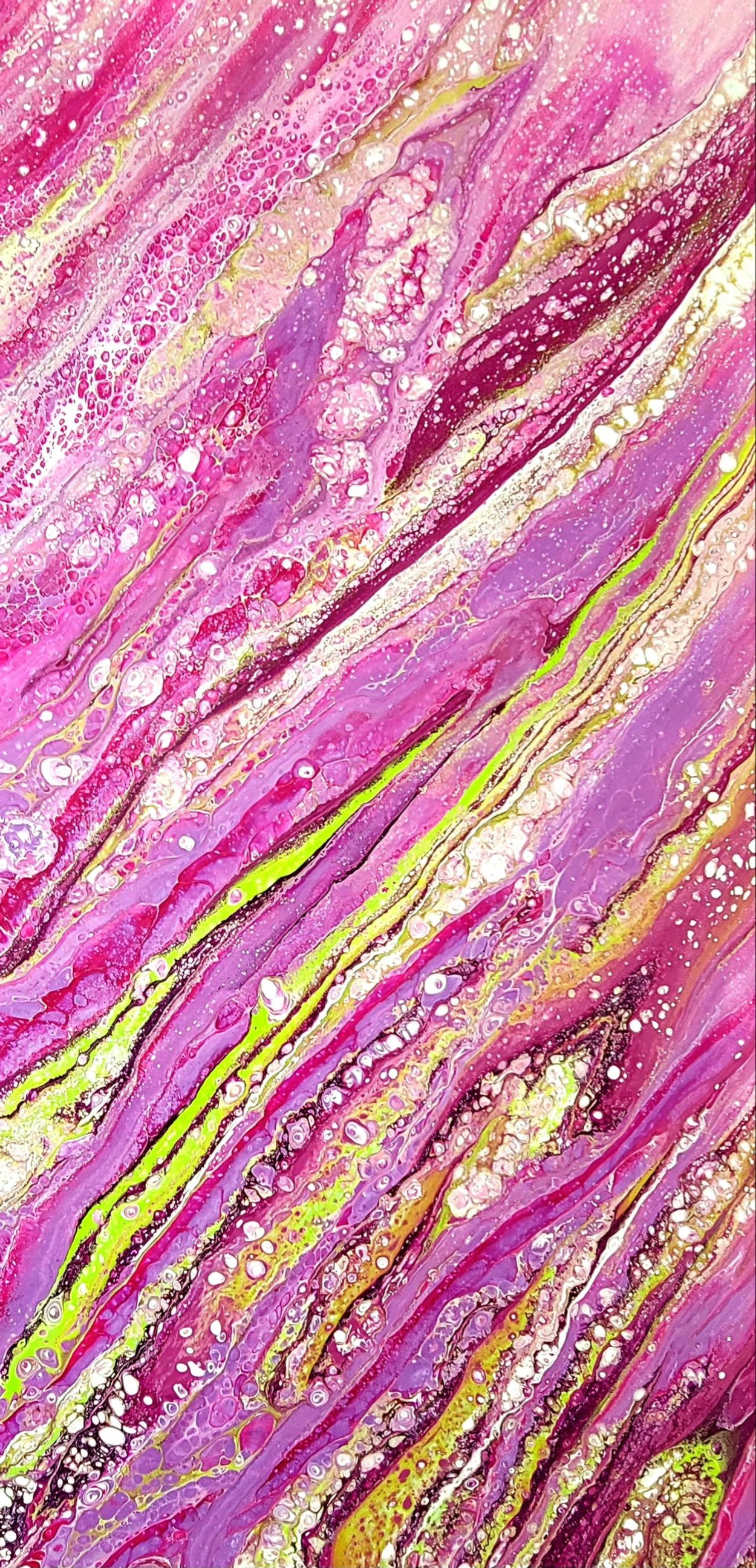 Abstract fluid art with pink, purple, and green colors.