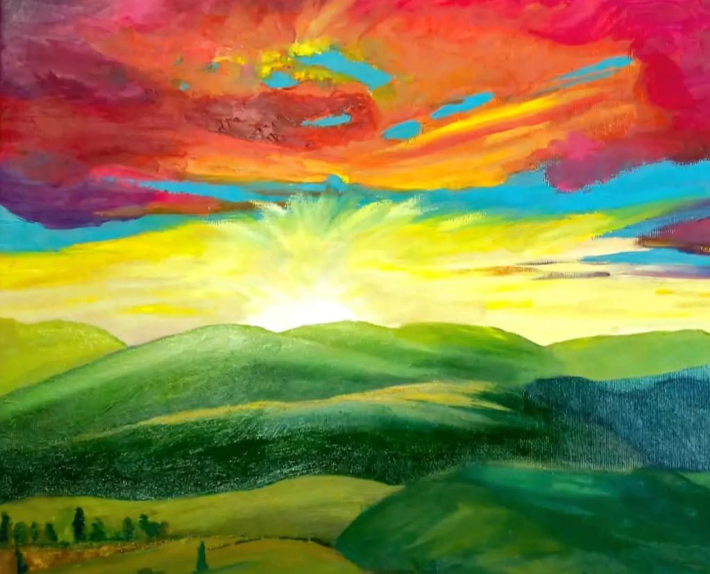 Vibrant sunset over rolling green hills.
Acrylic on 16 x 20 inch stretched canvas
$500