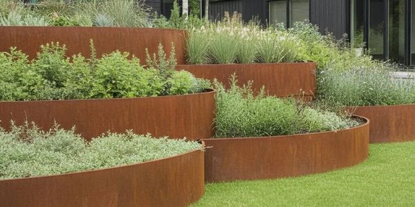 Curved rusted metal planters with green plants on tiers.