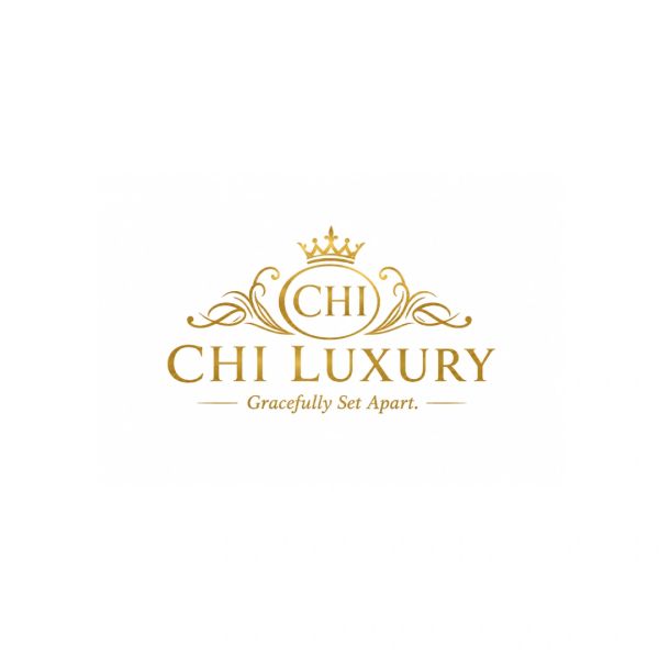 Elegant gold logo of CHI Luxury with a crown and decorative flourishes.