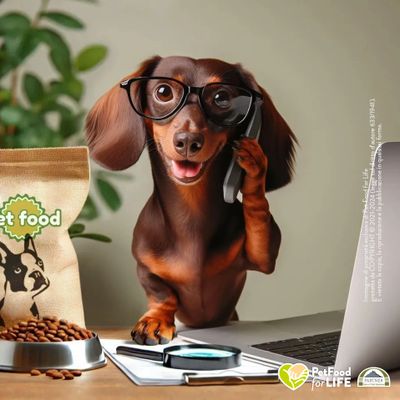 Cane bassotto al telefono con computer lente di ingrandimento e confezione di crocchette
