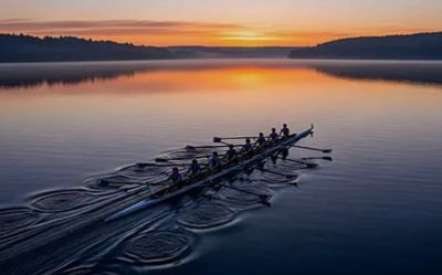 Rowers in a boat gliding on calm water at sunset.