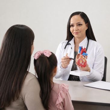Médica explicando un modelo de corazón a madre e hija.