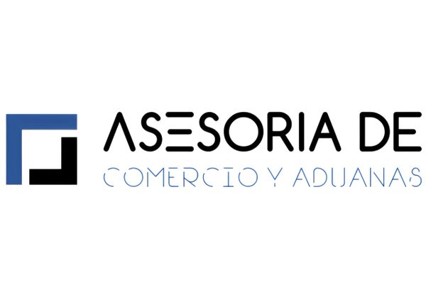 Logo with blue and black geometric symbol and text 'Asesoria de Comercio y Aduanas'.