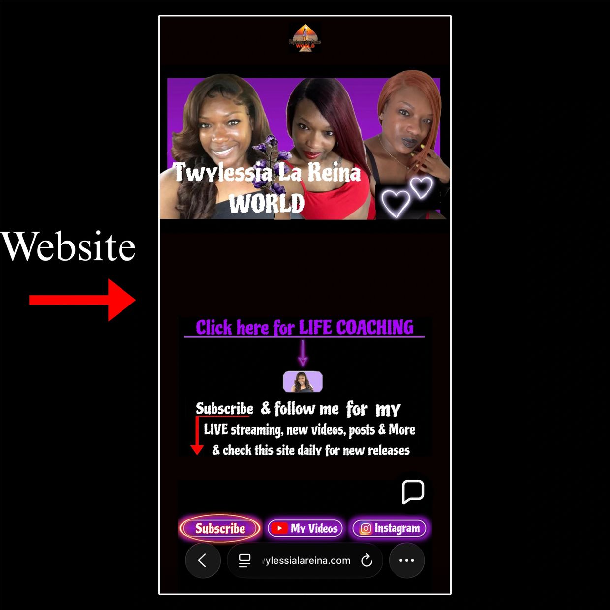 Website promoting Twylessia La Reina World life coaching and videos.