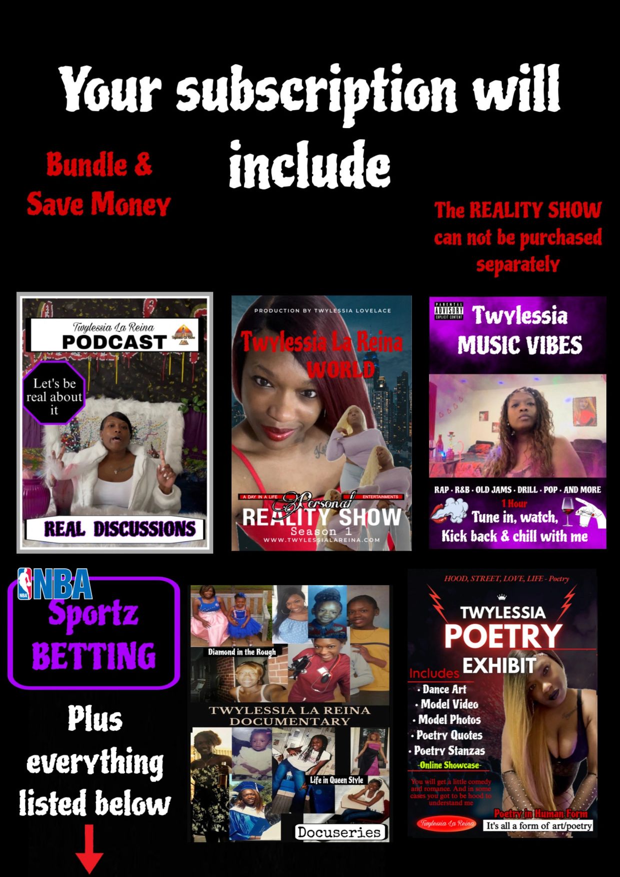 Subscription offers podcasts, reality shows, music vibes, sports betting, documentaries, and poetry exhibits.