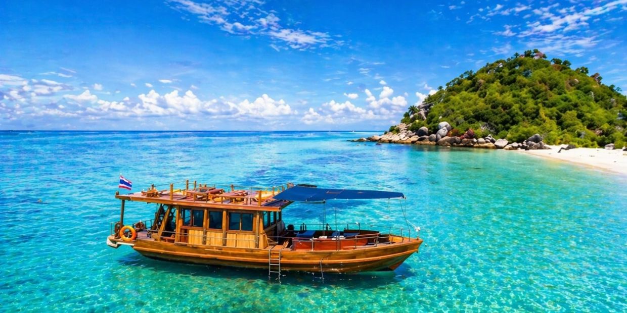 Wooden boat floating on clear turquoise water near a lush green island under a bright blue sky.