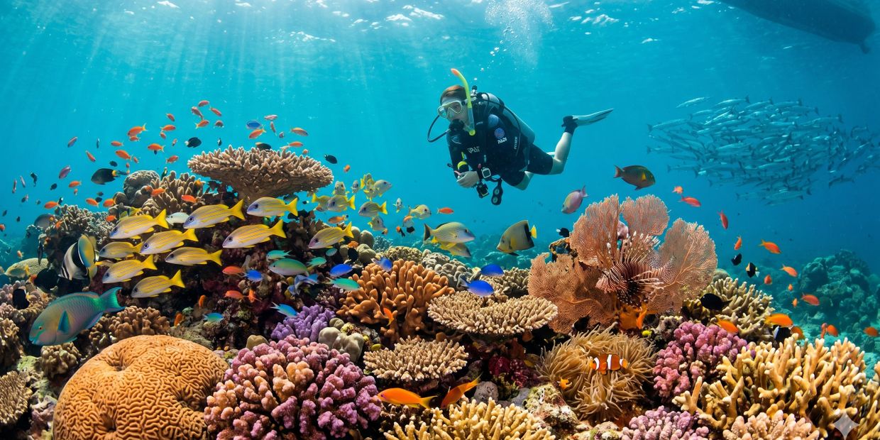 A scuba diver exploring a vibrant coral reef filled with colorful fish.