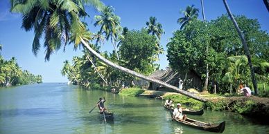 People rowing their canoes on backwaters in Kerala