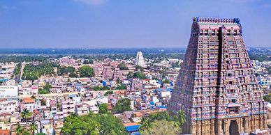 A gopuram in the Srirangam temple complex in Trichy