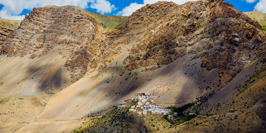 The Kyi monastery in the backdrop of lofty mountains in the Spiti Valley of Himachal Pradesh 