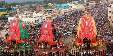 A large crowd of devotees at the famous Rathyatra car festival of Puri in Odisha