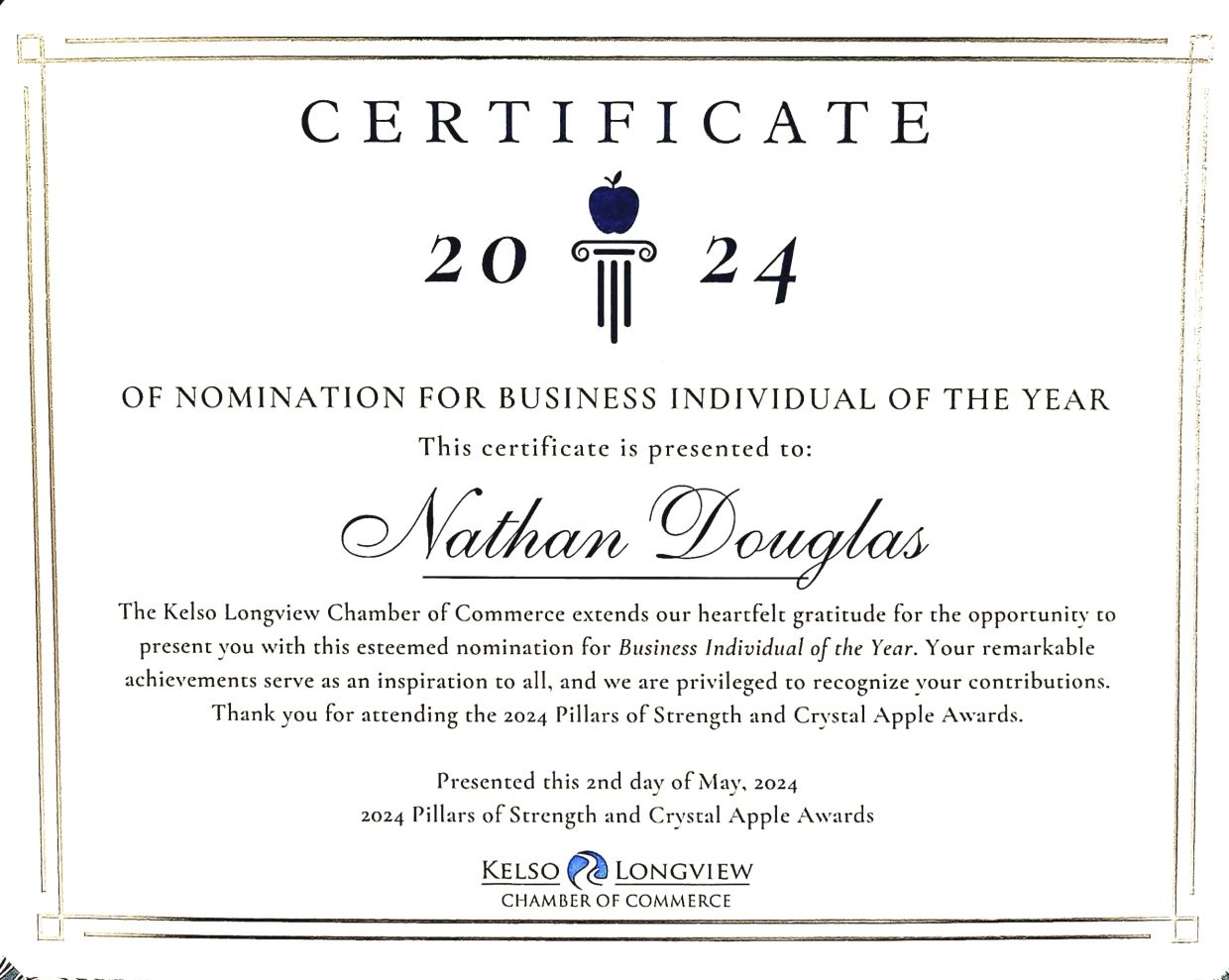 Certificate of nomination for Business Individual of the Year awarded to Nathan Douglas in 2024.