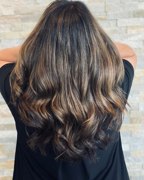 keratin bond hair extensions with a brunette bronde balayage and highlights