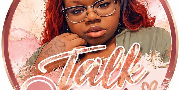 A woman with red hair and glasses poses for a podcast cover titled 'Talk with'.
