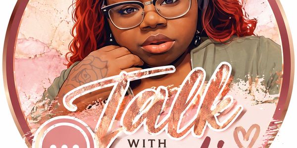 A woman with red hair and glasses poses for a podcast cover titled 'Talk with'.