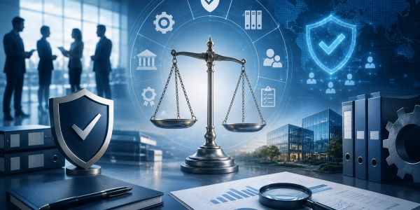 Justice scales with business and legal icons in a modern office.