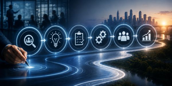 Business innovation concept with glowing icons and cityscape.