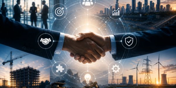Business handshake symbolizing partnership with technology icons.