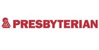Logo of Presbyterian with red text and a triangular symbol.