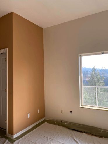 Freshly painted room with light beige and brown walls.