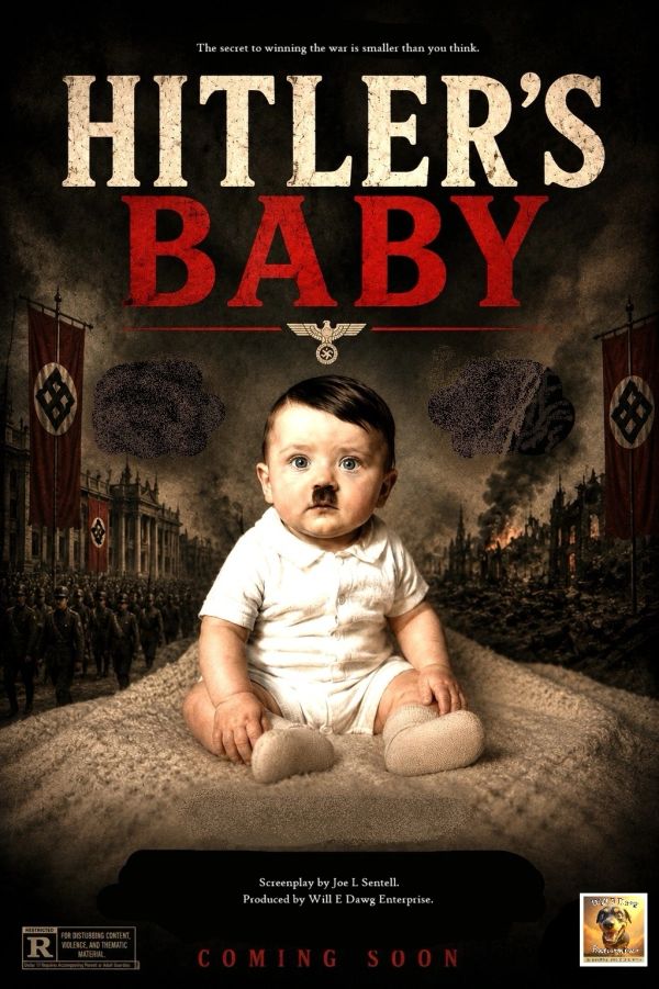 Movie poster of a baby with Hitler's iconic mustache.