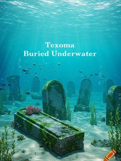 Underwater scene with submerged tombstones and marine life titled 'Texoma Buried Underwater'.