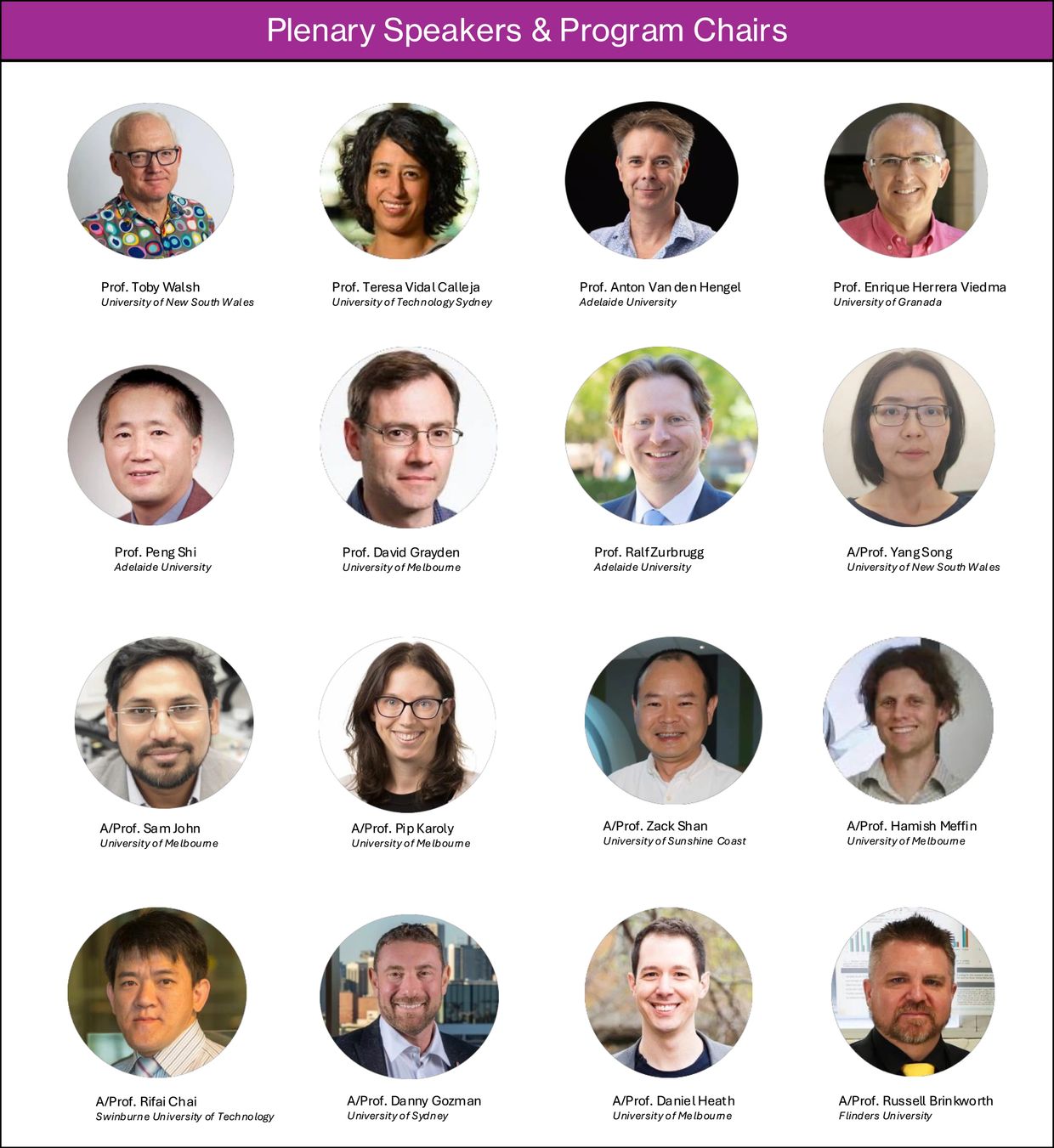 Portraits of plenary speakers and program chairs from various universities.