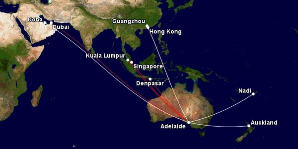 Map showing flight routes from Adelaide to major cities in Asia and Oceania.
